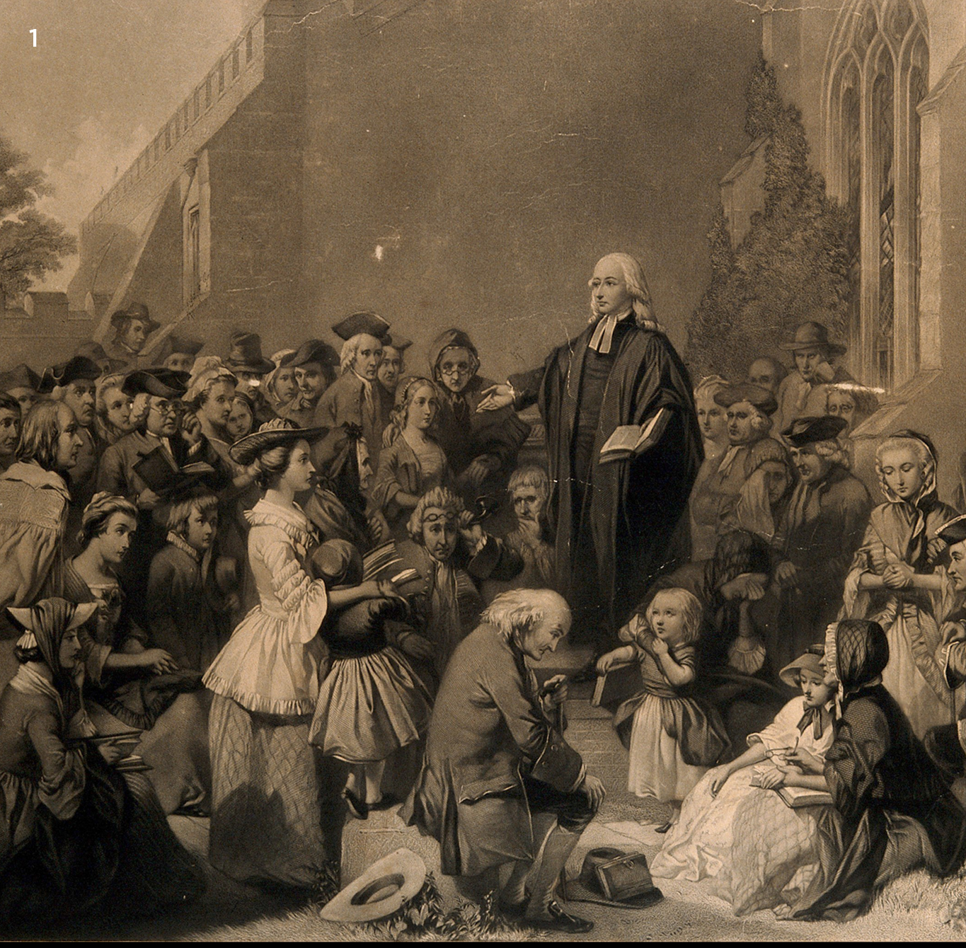 John Wesley preaching outside a church.